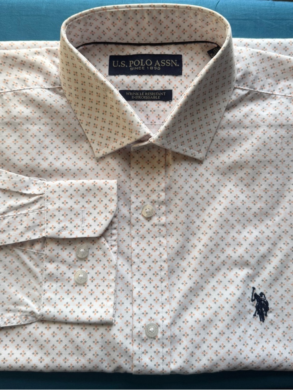 U.S. Polo Assn. White Dress Shirt with Tan and Blue Micro-Print